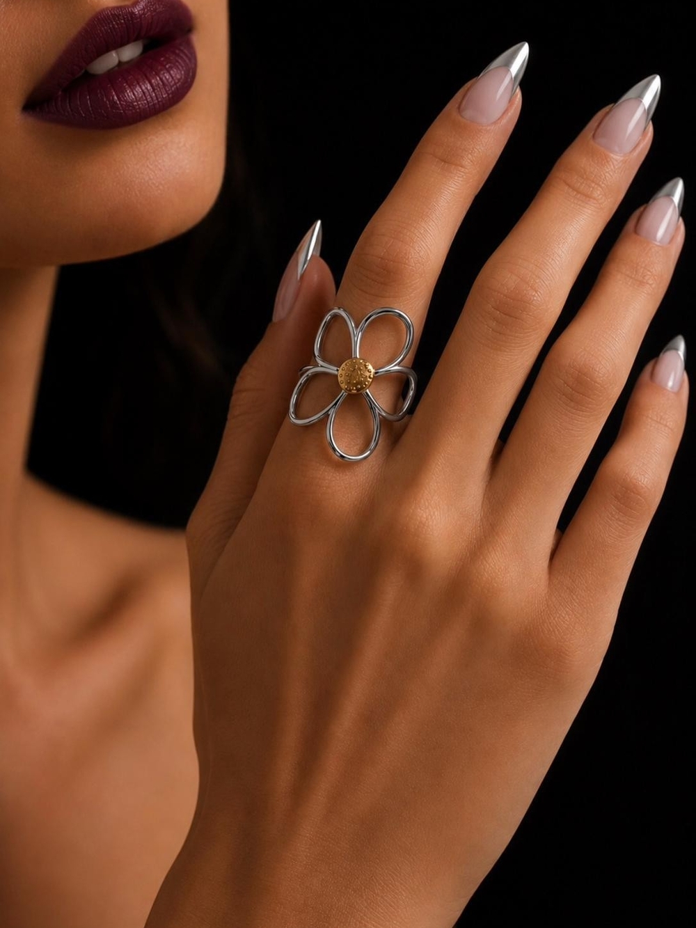 Flexible Silver & Gold Daisy Flower Ring - Women's Jewelry - Picture 3 of 5